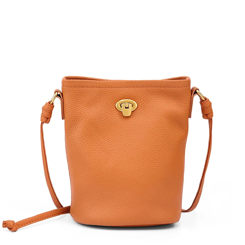 Women's Genuine Leather Mini Crossbody Bag Ladies' Waxed Cowhide Vintage Shoulder Bag Brand Small Chic Cellphone Bucket Bag