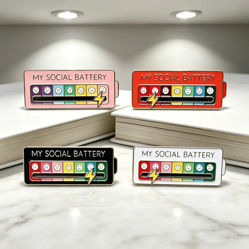 4pcs My Social Battery Brooch For Women Men Creative Slideable Mood Pins Enamel Badge Funny Creative Gifts for Backpack