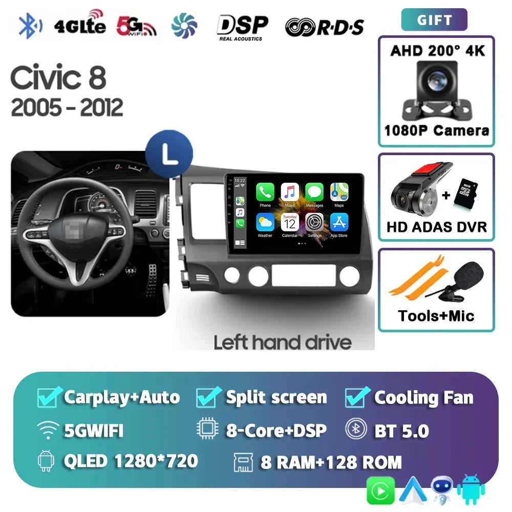 For Honda Civic 8 2005 - 2012 Android 15 Carplay Auto 4G WIFI Car Radio Multimedia Stereo Video Player GPS Navigation Plug and P