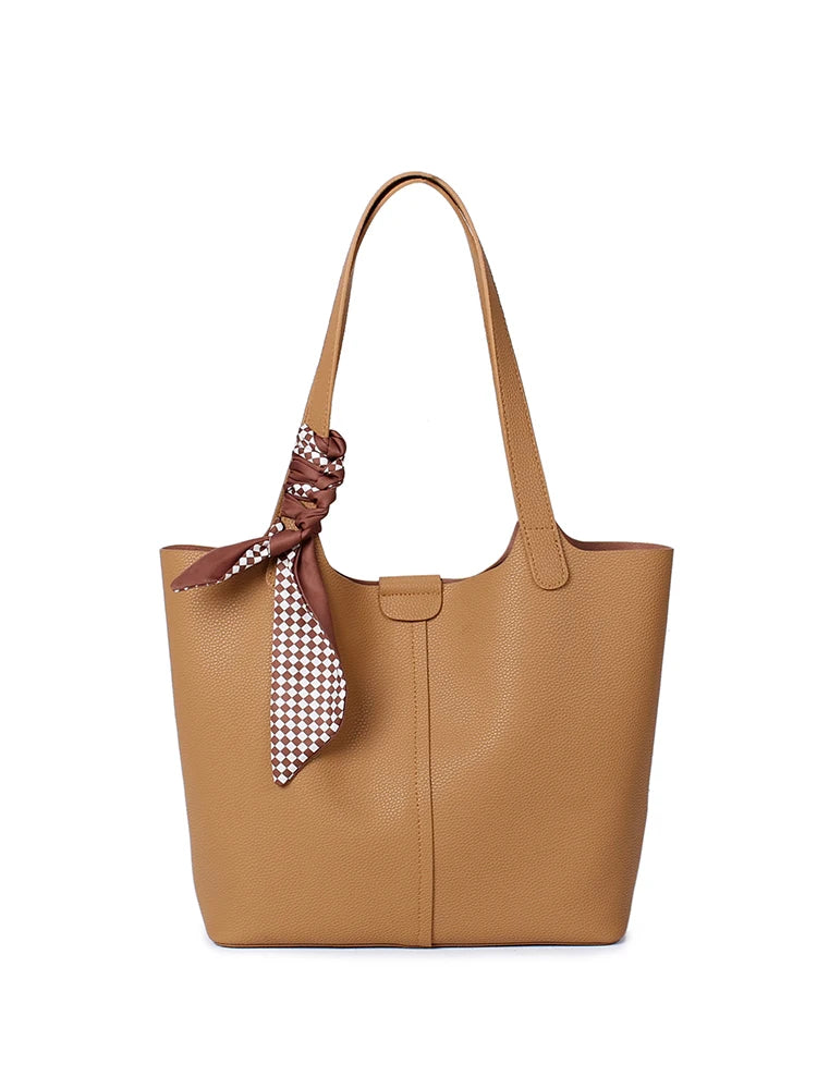 Genuine Cowhide Leather Tote Bag for Women Pebbled Leather Shoulder Bag with Removable Pouch&Silk Scarf Luxury Designer Handbag