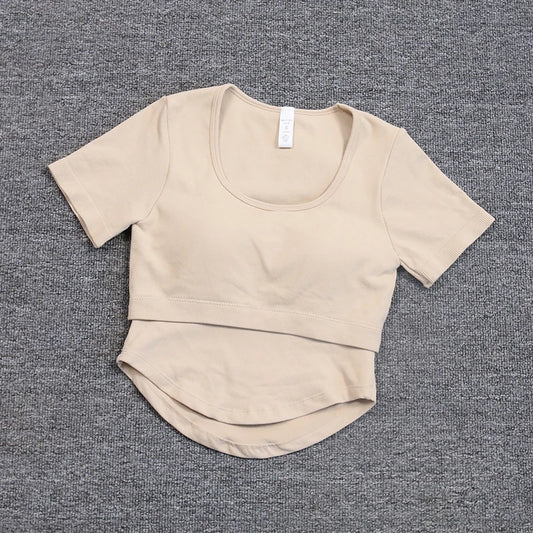 New Fixed Bra Yoga Suit Slimming Sports Top Women's Short Sleeve Breathable Running Fitness Shirt