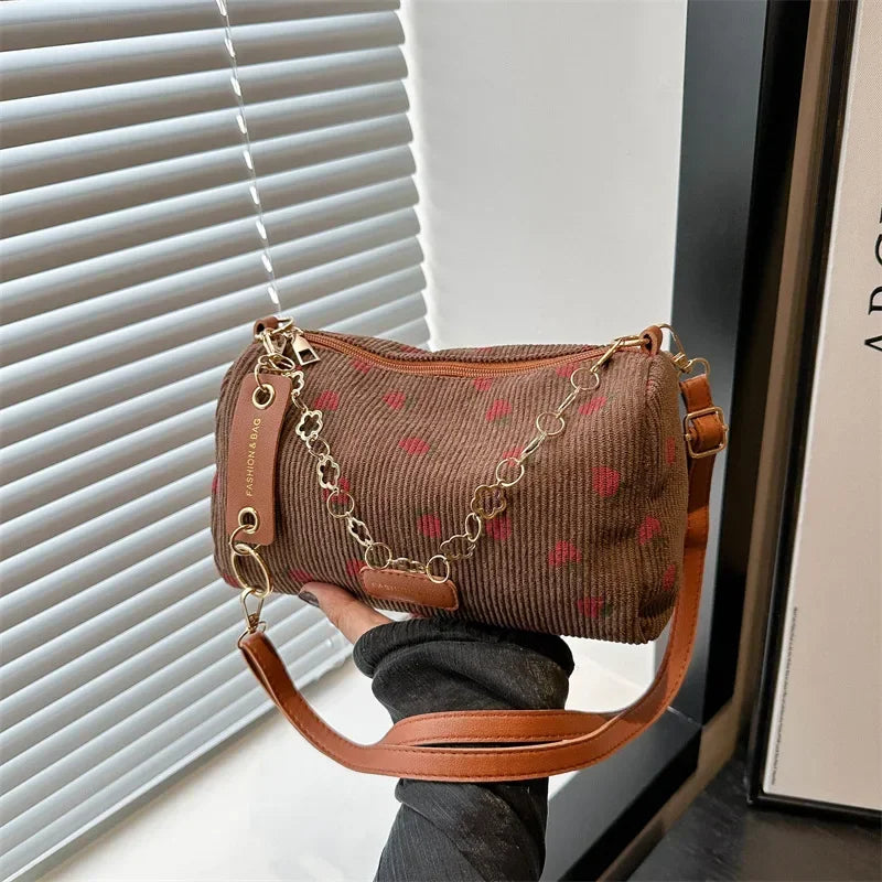 Cute Strawberry Print Mini Underarm Bag Small Fresh Corduroy Women Tote Handbag Casual Versatile Commuter Travel Shoulder Bag
