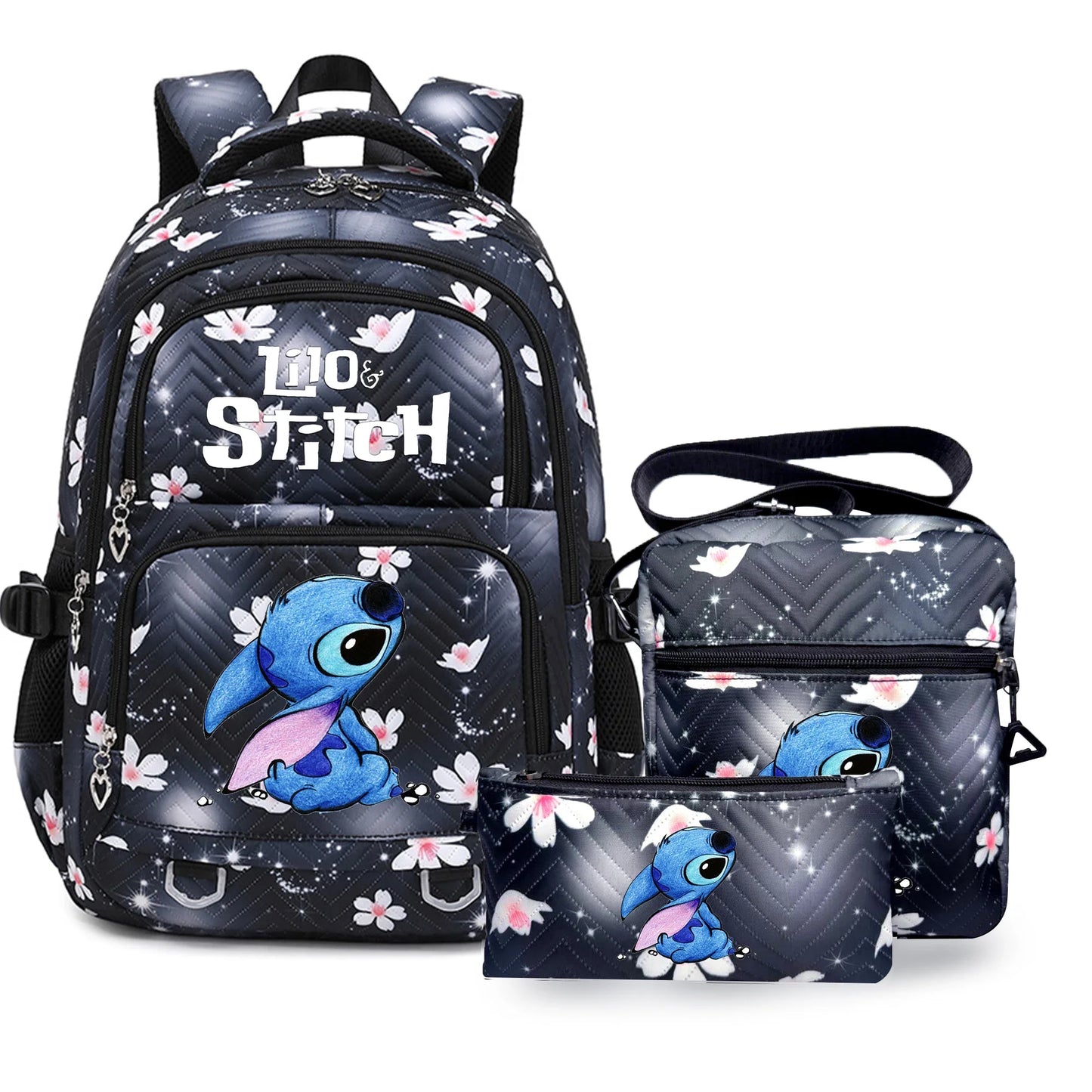 3PC Black Lilo Stitch XL Backpack Lightweight School Student Travel Lunch Bag 02