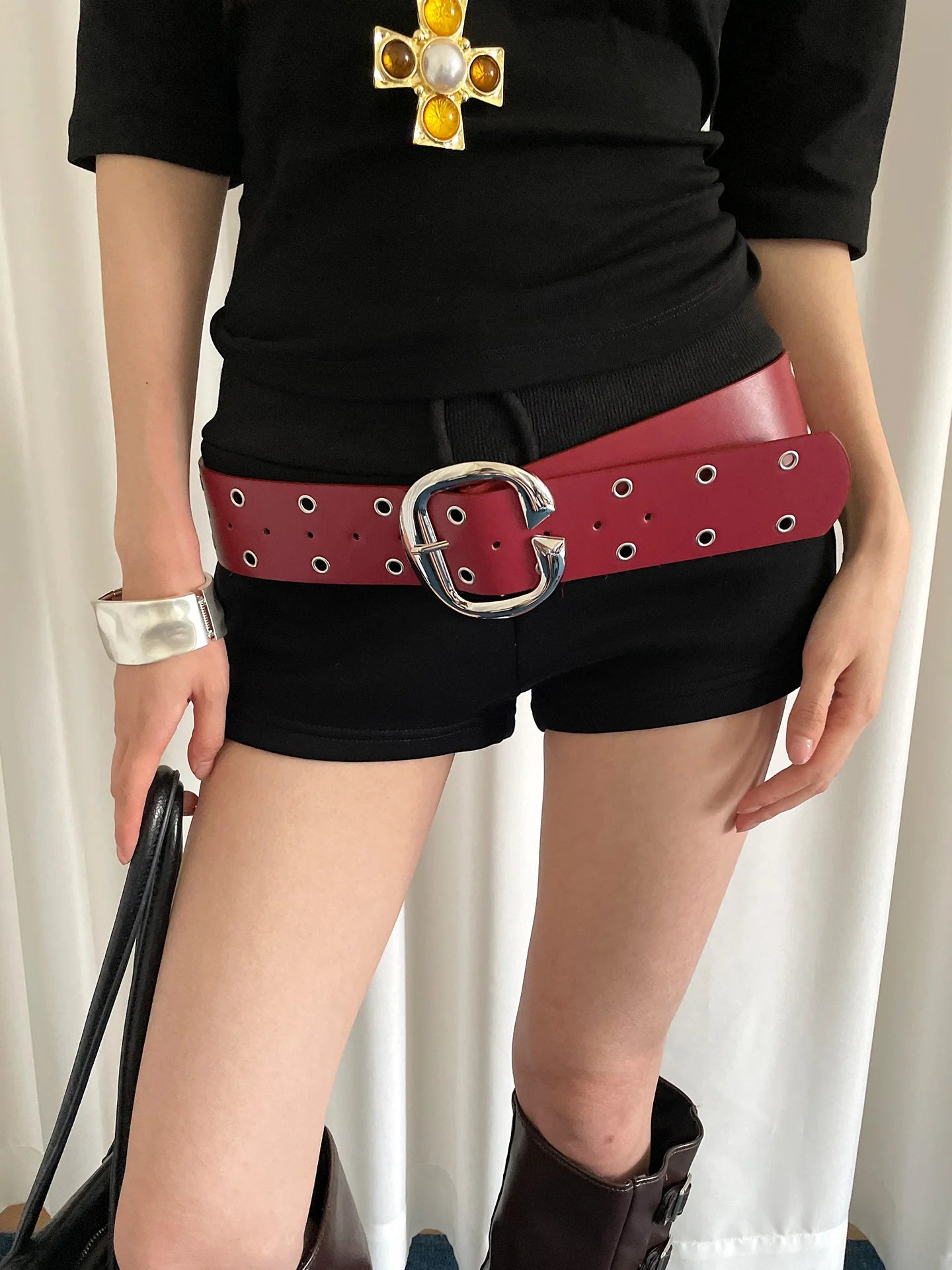 Heavy Industrial Punk Style Double-Row Hole Decoration Wide Version Belt For Women A Niche And Versatile Leather Belt