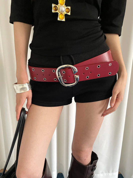 Heavy Industrial Punk Style Double-Row Hole Decoration Wide Version Belt For Women A Niche And Versatile Leather Belt