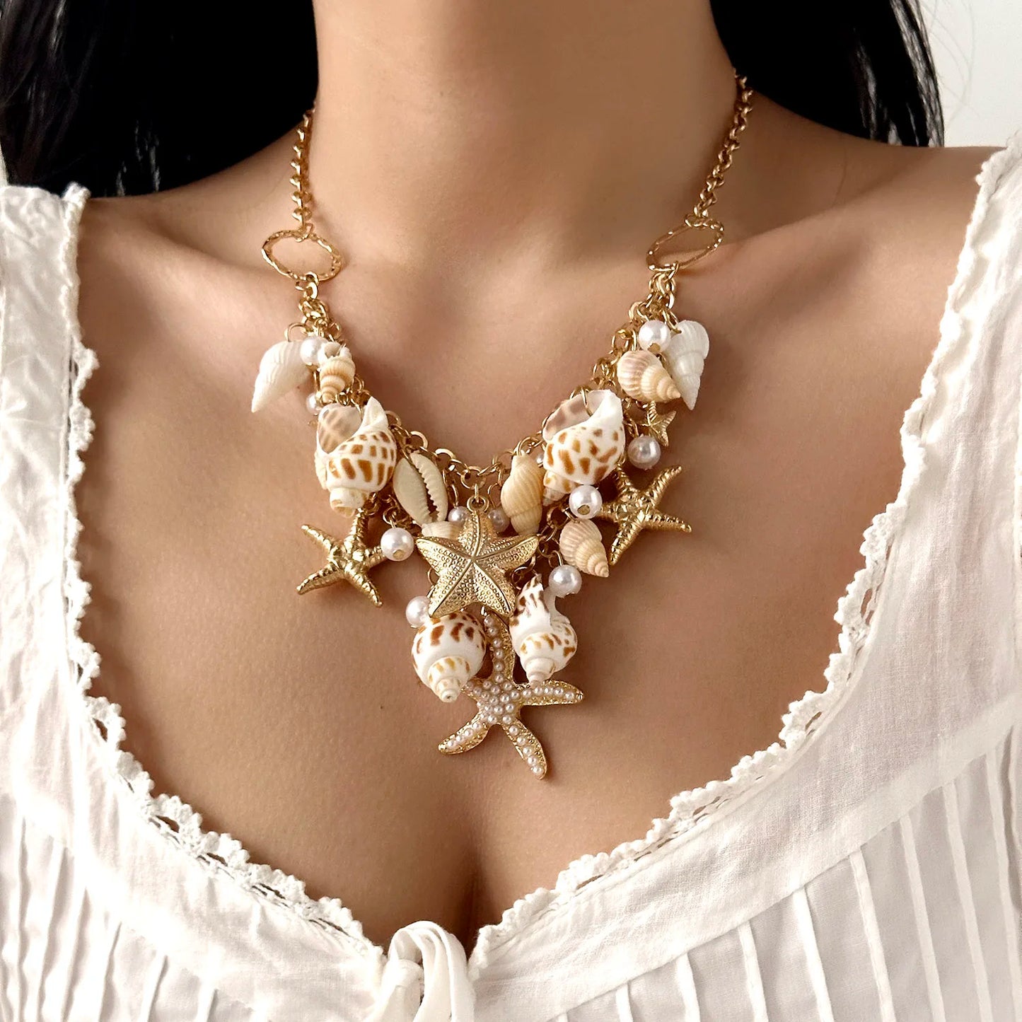Bohemian Pearl Shell Conch Starfish Pendant Necklace for Women Girls Fashion Creative Design Summer Beach Necklace Neck Jewelry
