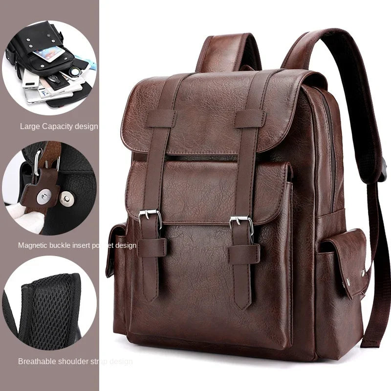 Leather Shoulder Backpack Waterproof Men Retro Casual Business Laptop Bags