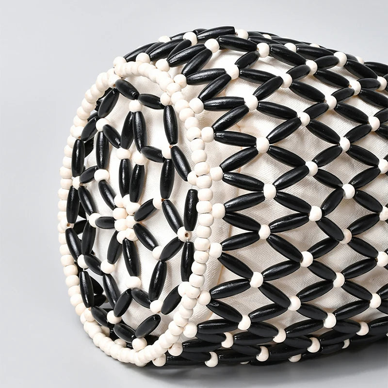 Black White Wooden Women's Hollow Beaded Seaside Handheld Shoulder Underarm Bag