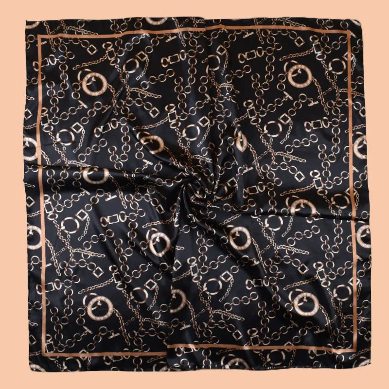 1PCS Ladies Multicolor Chain Pattern Tussah Silk Square Scarf Fashionable Wrap Headscarf for Travel Evening Party