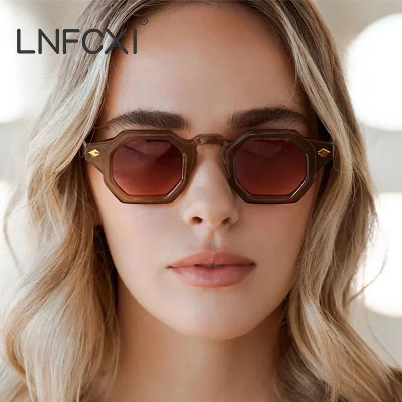 JNPCXI New Arrival Retro Polygon Square Women Rivets Sunglasses Gradient Shades UV400 Men Brand Designer Punk Sun Glasses