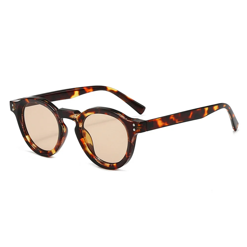 JNPCXI New Fashion Small Round Sunglasses Women Shades Fashion Leopard Blue Lens Men Trending Rivets Frame UV400