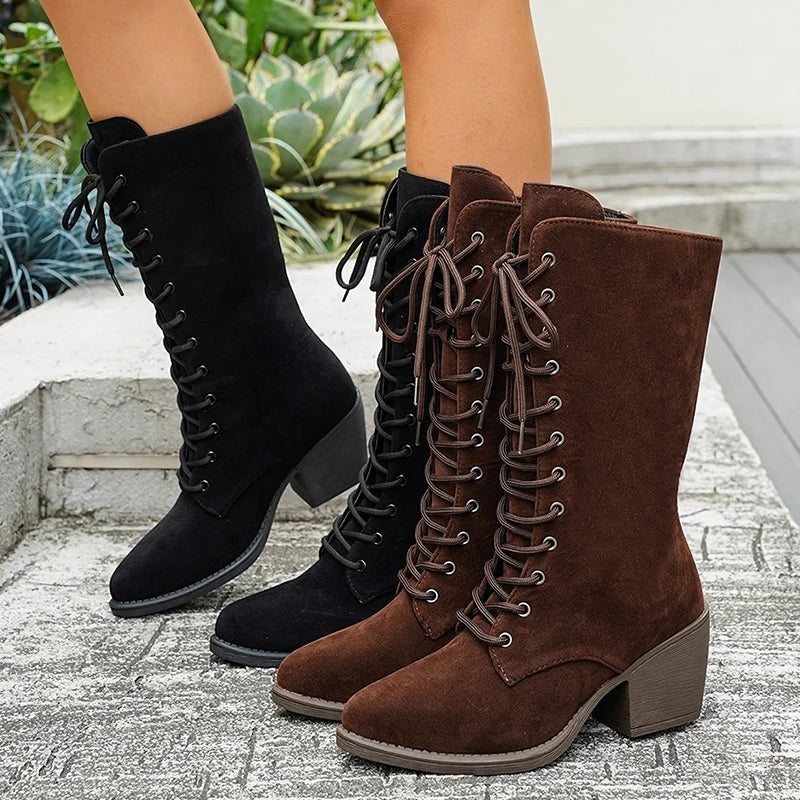 Cross Lace Up High Heel Mid Calf Boots Women Vintage Pointed Toe Flock Long Botas Mujer Plus Size 43 Thick Heels Western Boots