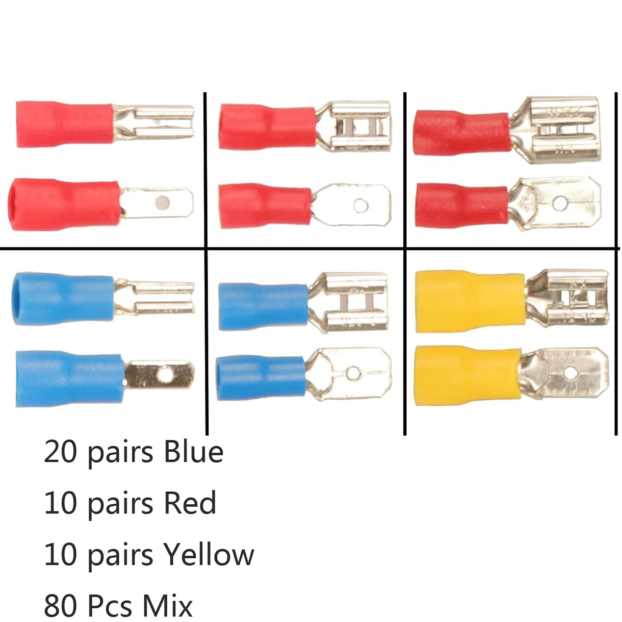 60/80pcs male female insulated spade connector, 6.3mm 1/4" 22-16/16-14/12-10 awg- electrical quick disconnect wire connectors