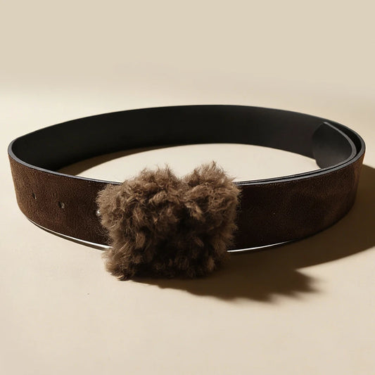 Vintage Furry Hook Buckle Belt Brown Suede Unisex Waistband Winter Fashion Decorative Accessory