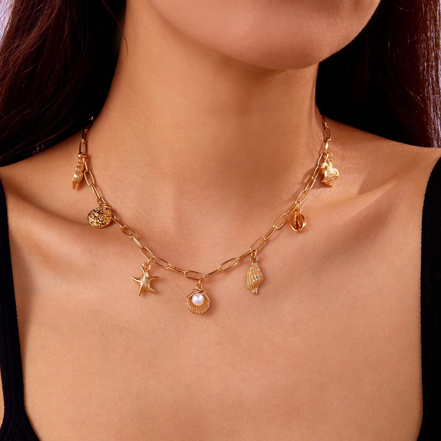 Ocean Style Starfish Conch Shell Sea Turtle Charms Pendant Necklace for Women Gold Color Chain Necklace Summer Beach Jewelry