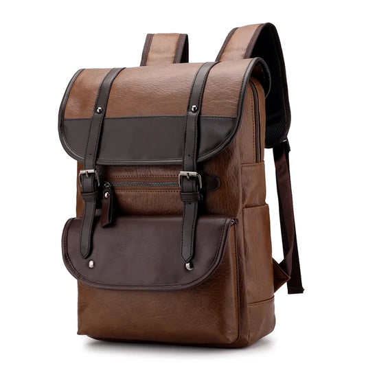 Khaki Vintage Laptop Leather Backpacks School Travel, Casual PU Leather Men Bags