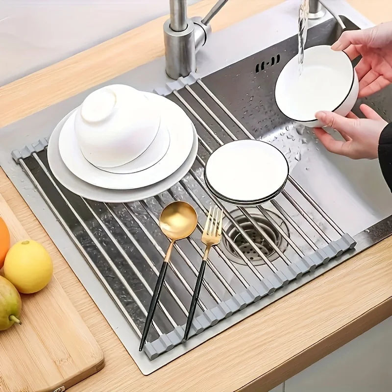 1pc Stainless Steel Kitchen Sink Drain Rack, Sink Bowl And Dish Storage Rack, Foldable Drain Basket, Portable, Easy to Clean
