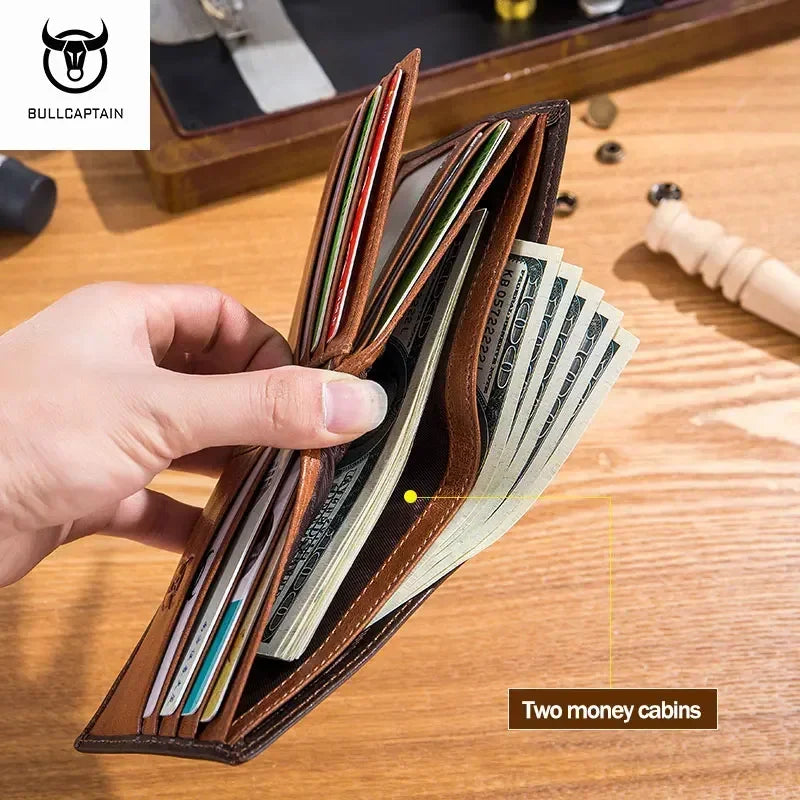 BULLCAPTAIN Men's Genuine Leather Wallet Business Retro Cash Clip RFID Multi-Card Slot Coin Purse QB05