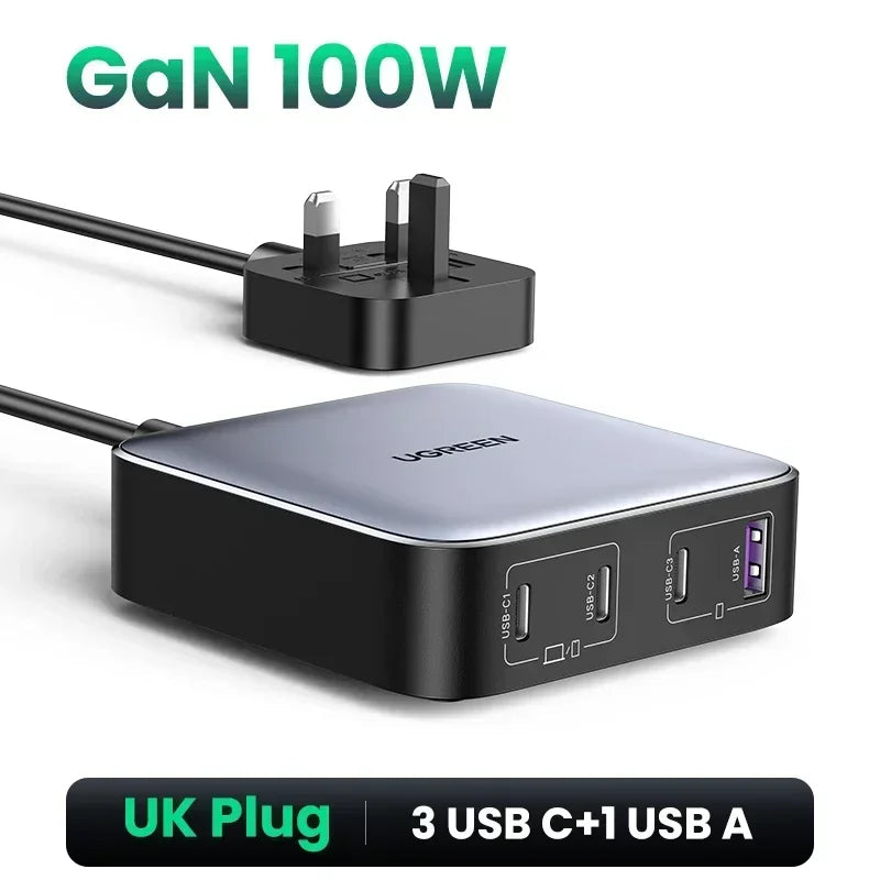 UGREEN 65W 100W GaN Charger PPS QC4.0 PD3.0 For iPhone17 16 15 Pro Xiaomi Samsung Tablet Macbook Air iPad 5 IN 1 Desktop Charger