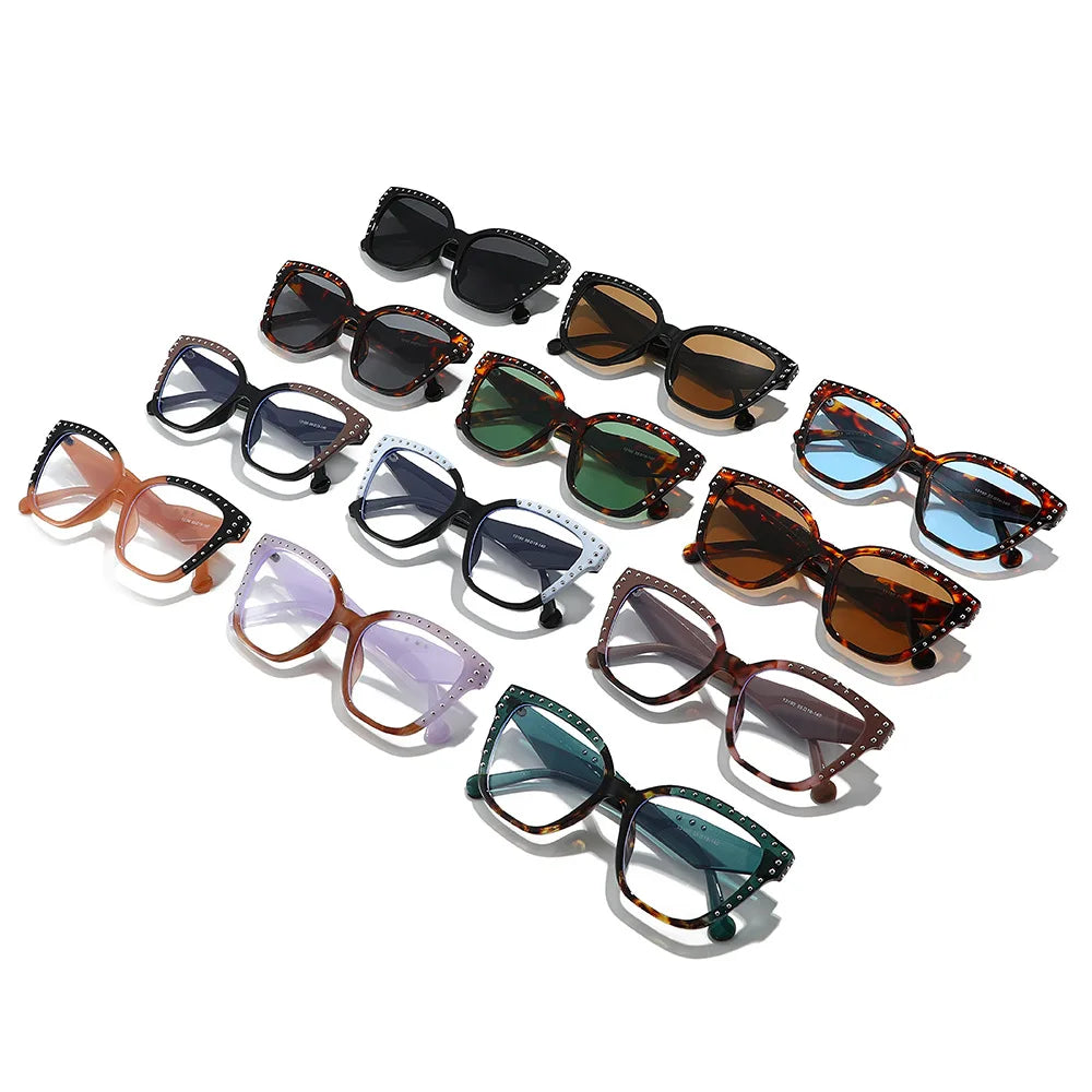 JNPCXI New Square Women Sunglasses Shades UV400 Fashion Clear Lens Frame Retro Rivet Men Leopard Green Sun Glasses