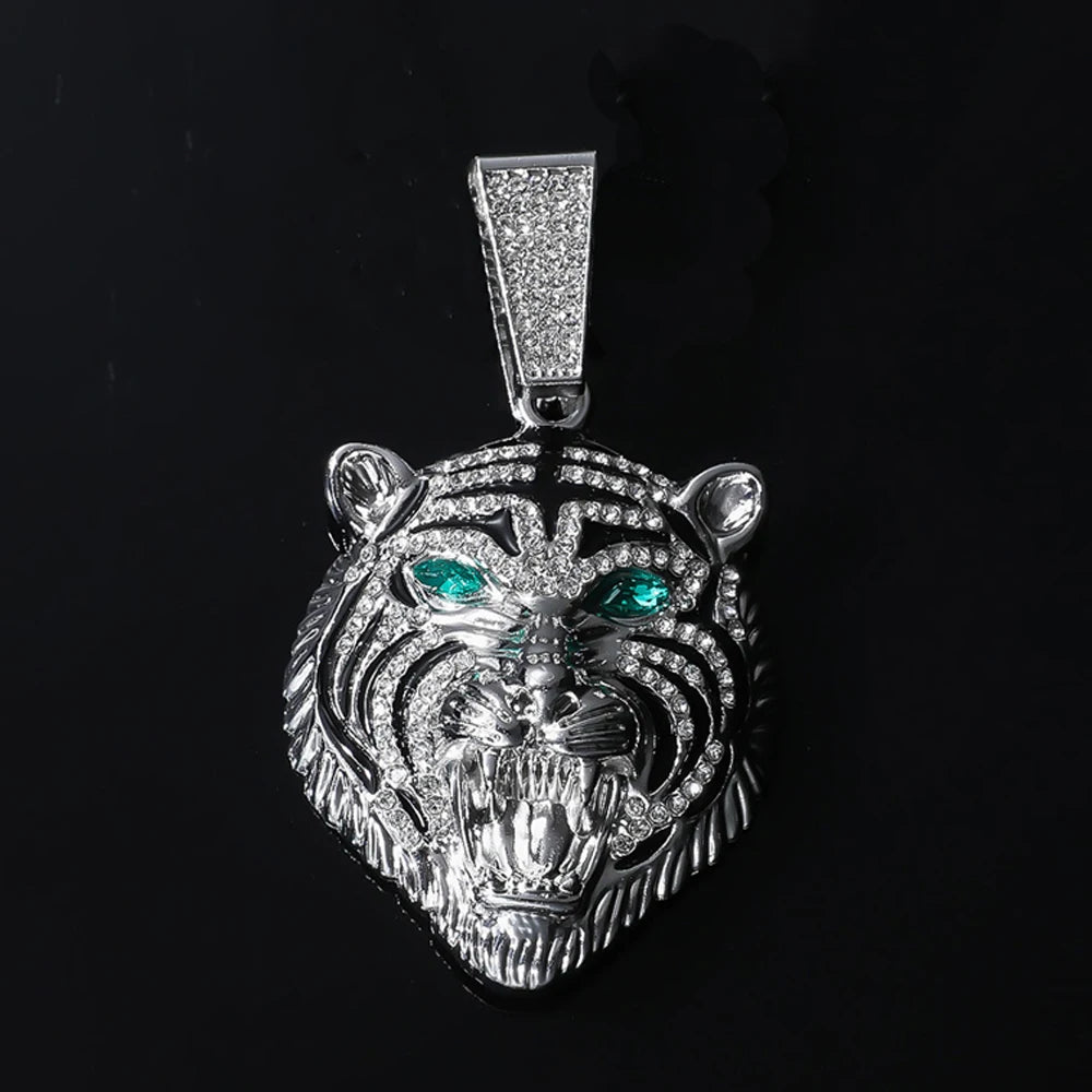 Men Hip Hop 3D Tiger Pendant Necklace with 13mm Crystal Cuban Chain Iced Out Bling Necklaces HipHop Women Fashion Charm Jewelry