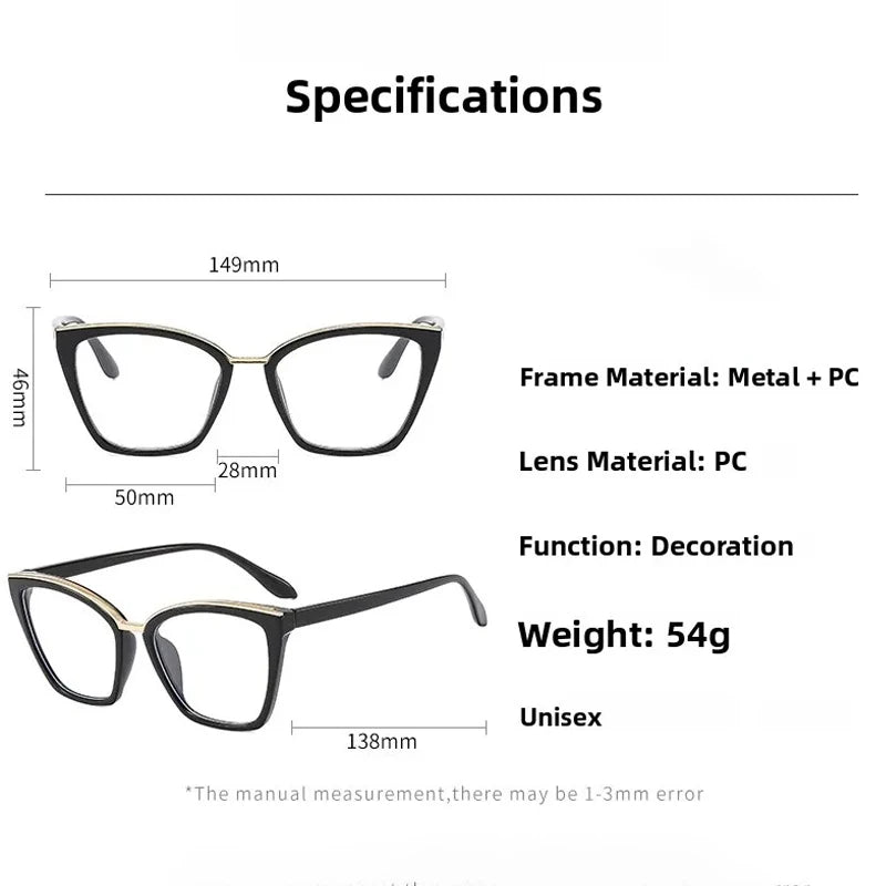JNPCXI New Fashion Cat Eye Anti Blue Light Flat Top Glasses Metal Decorative Frame UV400 Protection for All Gender