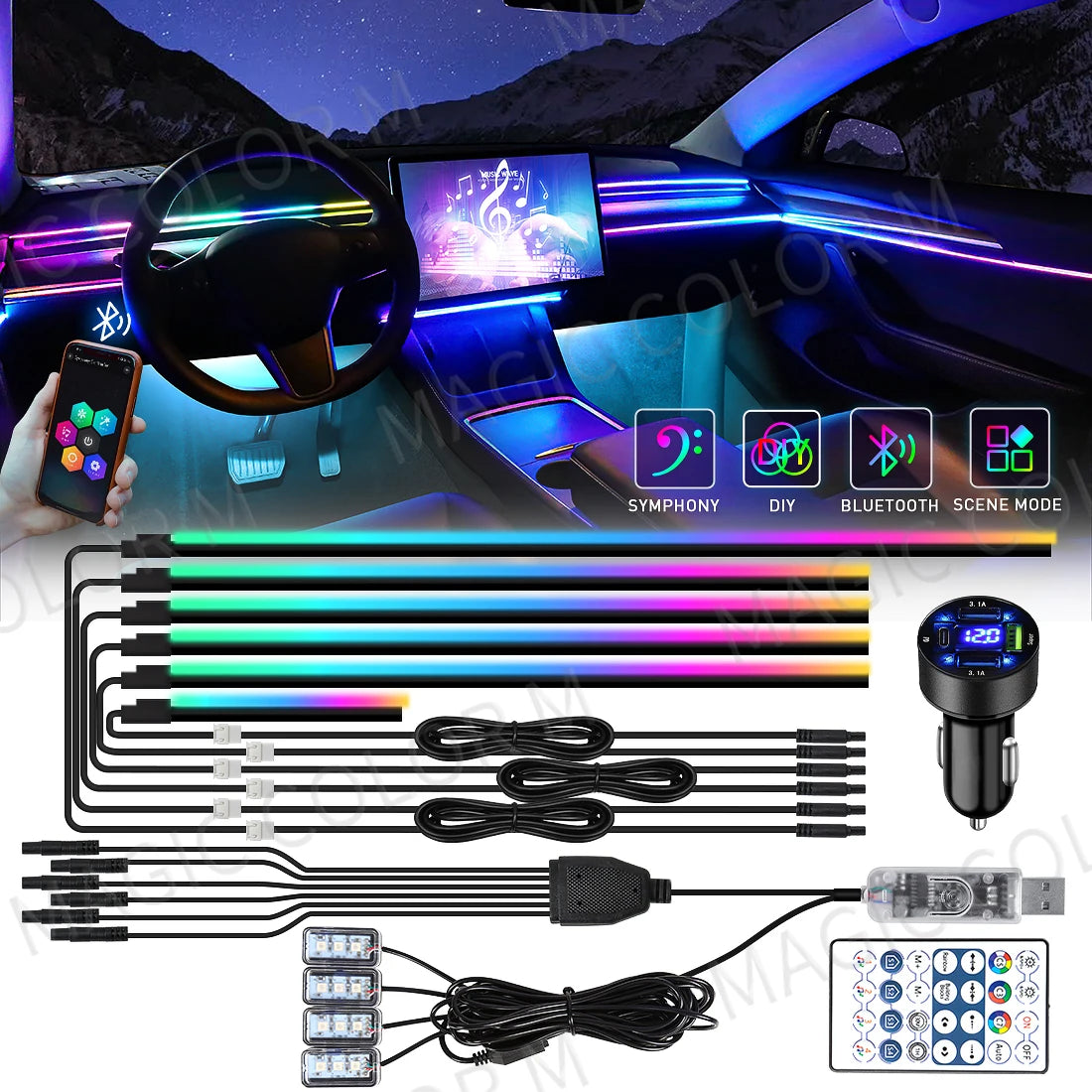 Vgetting Car Ambient Lights 10 in 1 Footwell Universal RGB Atmosphere Lamps USB APP Remote Cigar Lighter for Tesla Model 3 Y S X