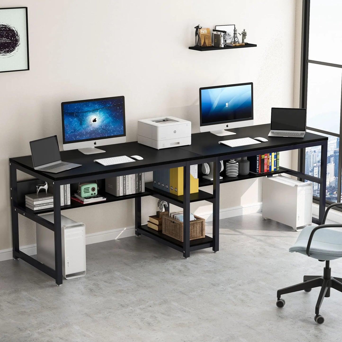 Tribesign Two Person Desk with Bookshelf, 78.7 Computer Office Double Work Desk