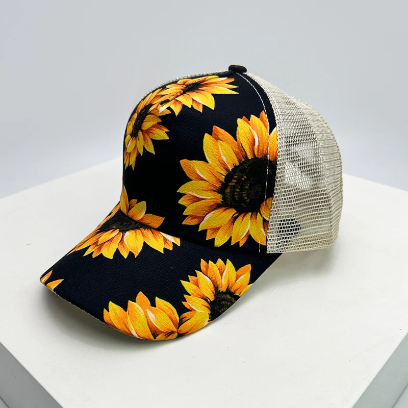 New Women Print Sunflower Color Block Baseball Hats Breathable Criss Cross Ponytail Sunshade Versatile Trucker caps Mesh Fashion