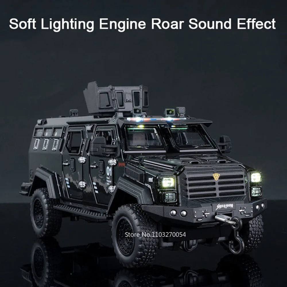 1:32 Alloy Sabertooth Armored Model Toys Diecast Metal Car Pull Back Police Car with Light Music Vehicle for Toddler Kids Gifts
