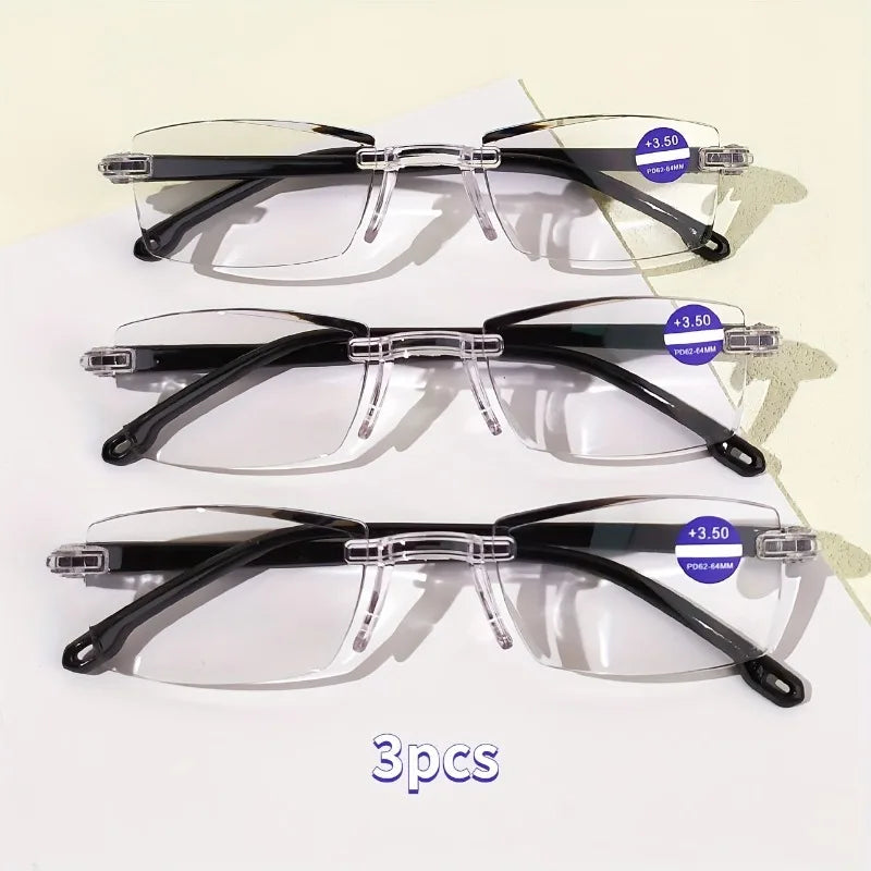 3-piece set of men's and women's presbyopia glasses - stylish frameless rectangular frame, prescription+1.0 to+4.0