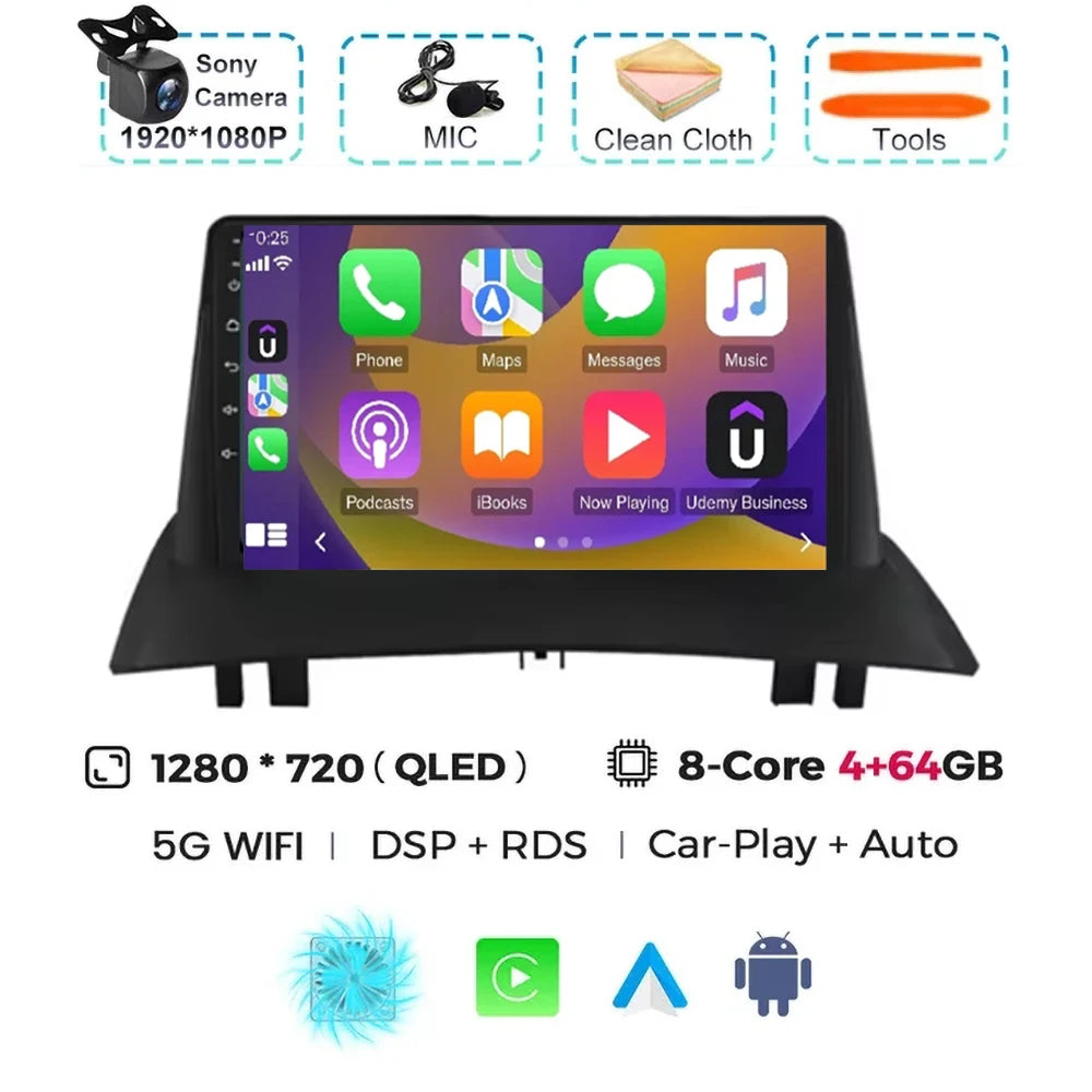 For Renault Megane 2 2002-2009 2K QLED Android 15 Android Car Radio Multimedia Video Player GPS Stereo CarPlay 4G Navigationv BT