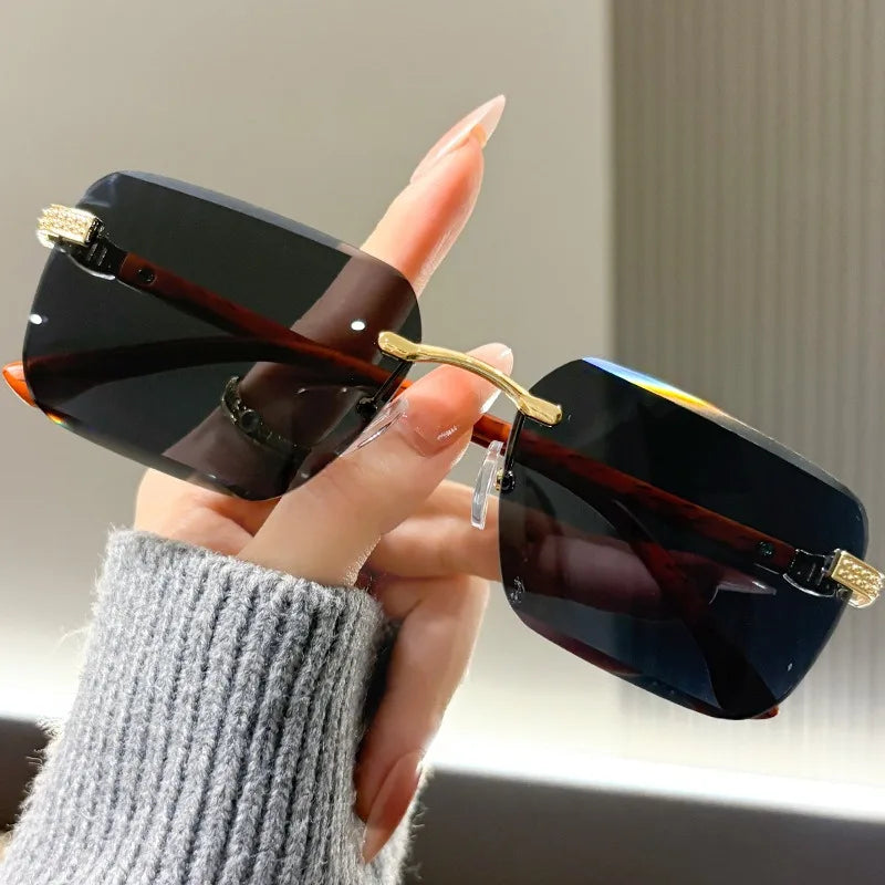 Fashionable Frameless Sunglasses with Ocean Panels, Trimmed Wood Grain, Leg Frames, Retro Men's and Women's Sunglasses