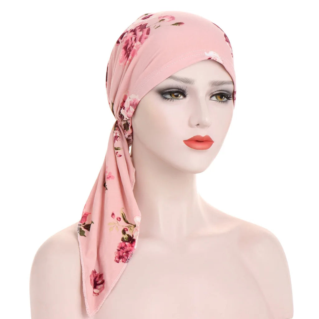 Trendy Print Women Muslim Hijab Caps Wrap Head Soft Elastic Long Tail Turban Bonnet Fashion Headdress Wearable