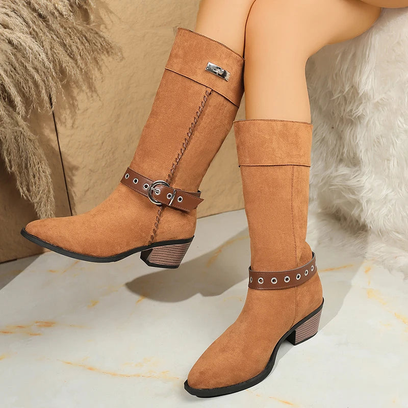 Belt Buckle Thick Heels Western Boots Women Retro Slip On Pointed Toe Knee High Boots Woman Plus Size Knight Long Botas Mujer