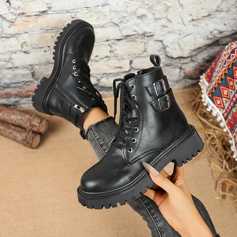 Metal Buckle Platform Motorcycle Boots Woman Plus Size 42 Black Pu Leather Ankle Boots Woman Thick Sole Lace Up Short Booties