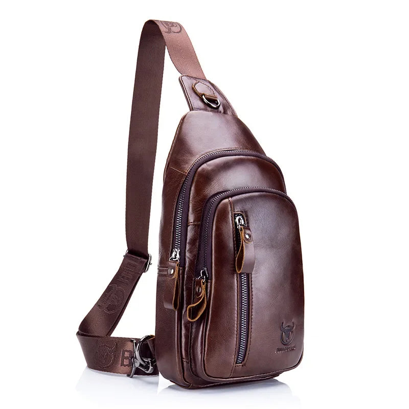 BULLCAPTAIN Men's Genuine Leather Casual Crossbody Bags Leather Chest Bag For Men Fashion Excursion Bag's Can Hold 7.9 Inch IPai