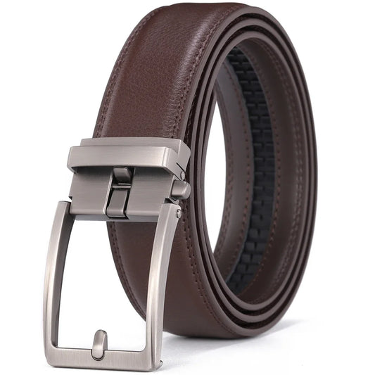 Brown Unisex Click Belt Genuine Leather Auto Buckle Luxury Strap for Men Jeans