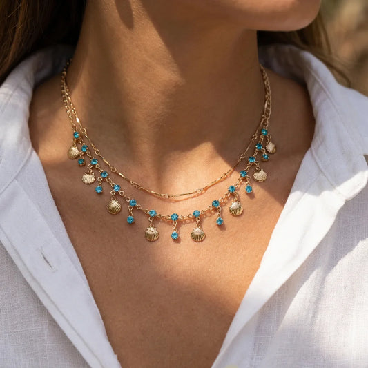 Dainty Gold Plated Scallop Shell Necklace Minimalist Layered Chain Blue Crystal Clavicle Necklace Trendy 2026 Summer Jewelry: