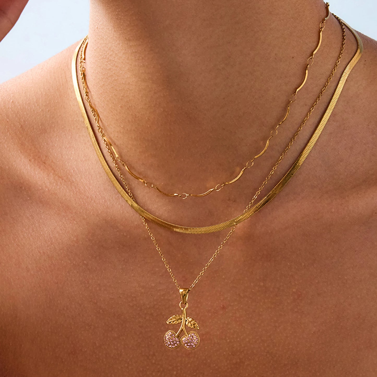 Uworld Minimalist 18K Gold Color Plated Stainless Steel Pink Zircon Cherry Pendant Necklace Chain Stackable Necklace Women's Acc