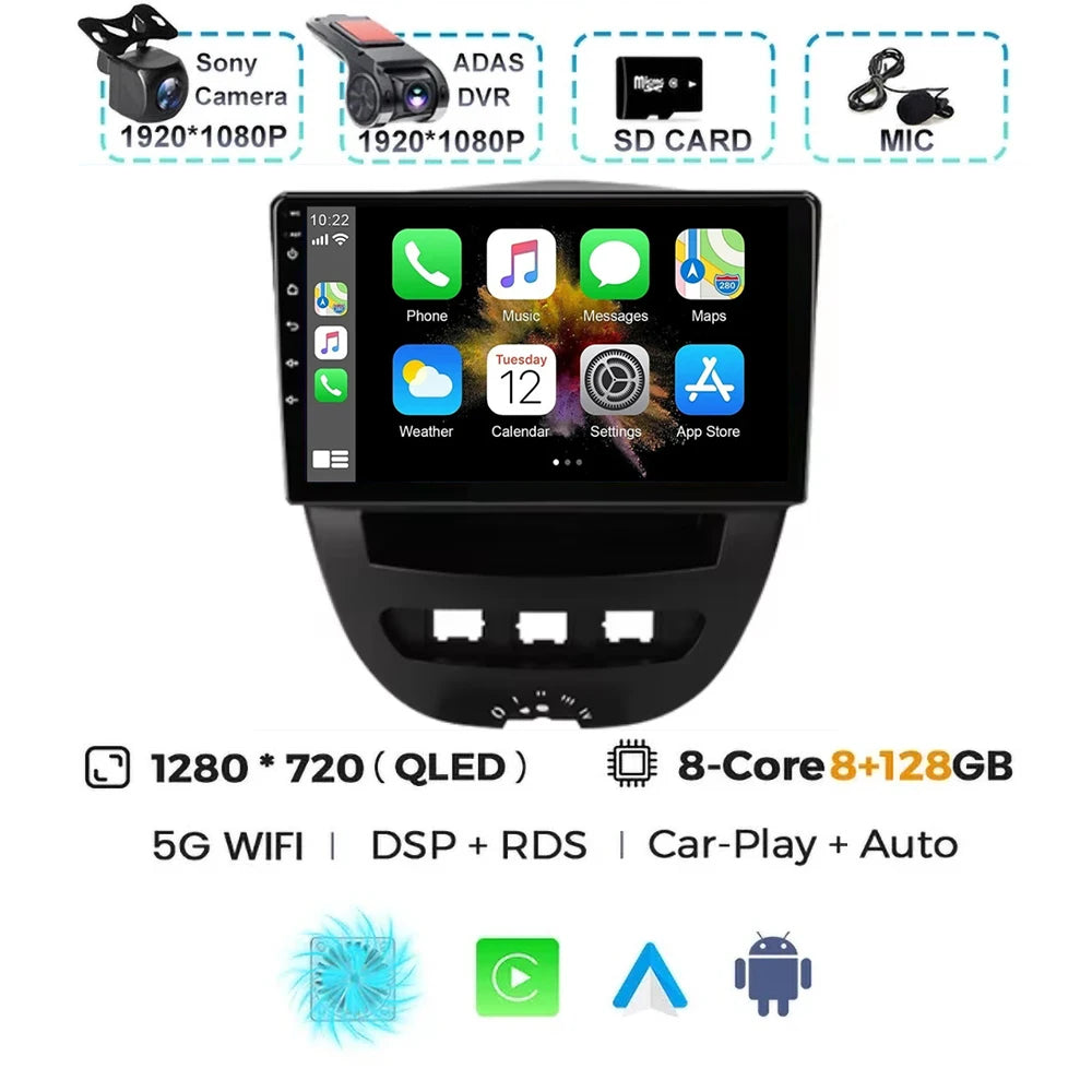 For Peugeot 107 Toyota Aygo Citroen C1 2005-2014 Carplay Auto Android 15 Car Radio Multimedia Video Player Navigation 4G WIFI