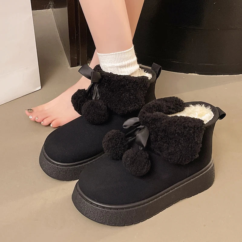 Cute Ball Platform Snow Boots for Women Comfort Thick Bottom Non Slip Fluffy Ankle Boots Woman Slip On Plush Warm Cotton Shoes