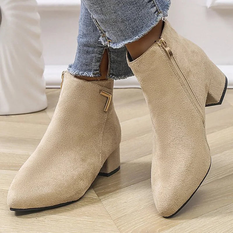 Spring Autumn Fashion Faux Suede Ankle Boots Women Solid Color Zipper Boots Woman Metal Decoration Pointed Toe Botas Lady
