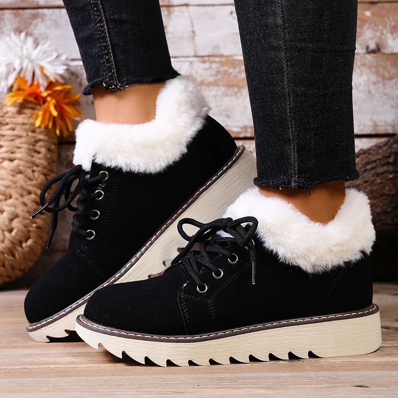 Faux Fur Non Slip Sole Snow Boots Women Autumn Winter Suede Lace Up Plush Sneakers Woman Warm Thick Sole Cotton Padded Shoes 43