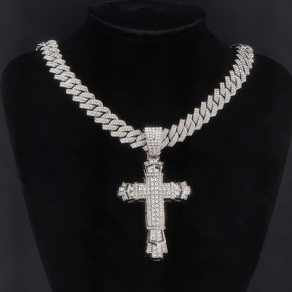 Men Women Shiny Cross Pendant Necklace With Miami Cuban Chain Link Hip Hop Iced Out Bling Fashion Exquisite Charm Jewelry Gift