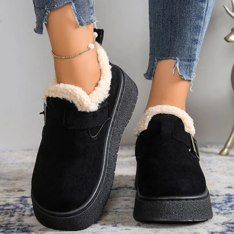Winter Soft Faux Suede Furry Snow Boots Woman Adjustable Buckle Ankle Boots Women Solid Color Platform Warm Booties Mujer