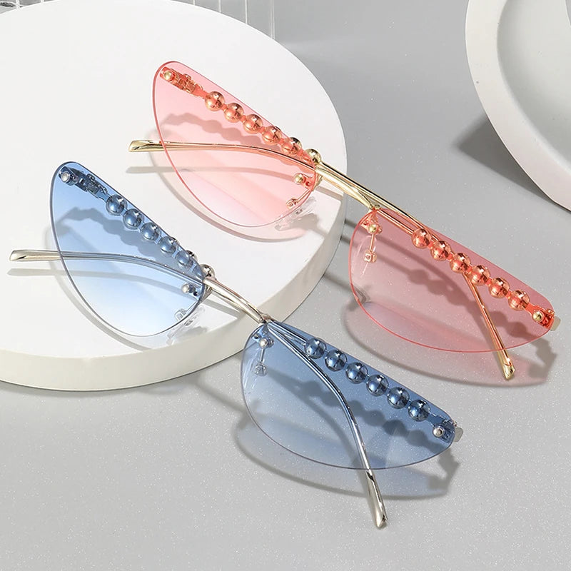 JNPCXI New Diamond Cat Eye Sunglasses Rimless Women Luxury Rhinestone Sun Glasses Men Gradient Shades UV400