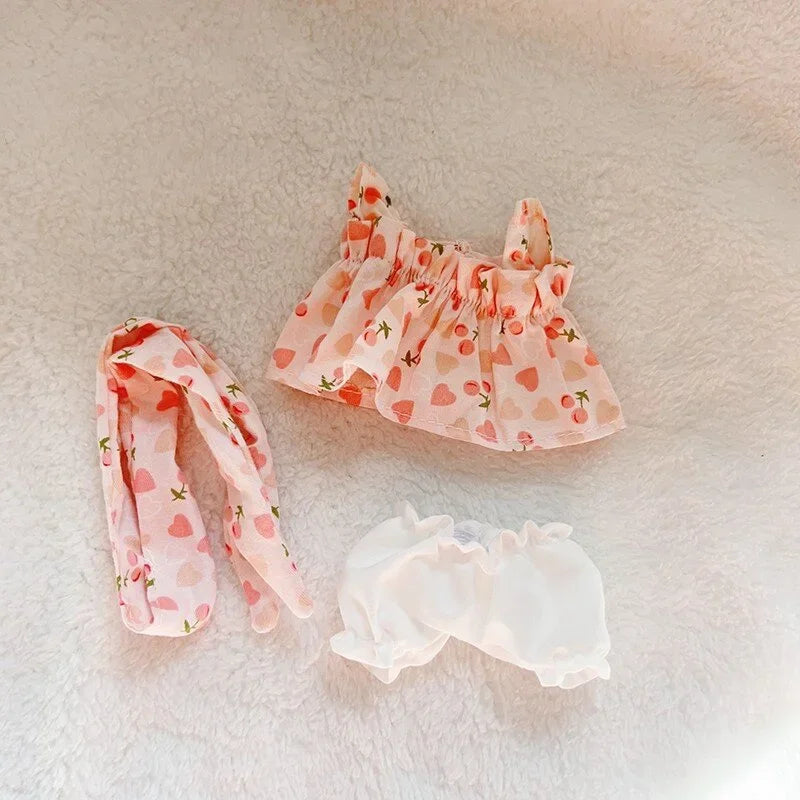 17cm Cute Mini Plush Doll's Clothes Outfit Accessories For Labubu Idol Dolls Cherry/Pineapple Three-piece Set Gift