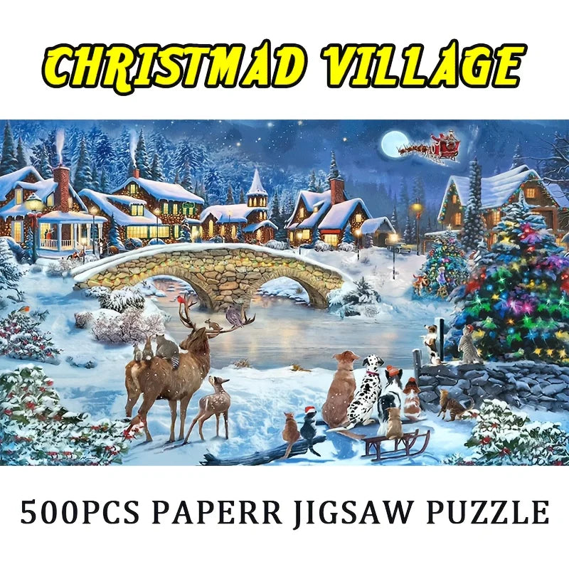 500pcs Christmas Town Jigsaw Puzzle Lively Festive Scene Finished Size 18x11 Inches Perfect Holiday Gift for Adults & Family Fun