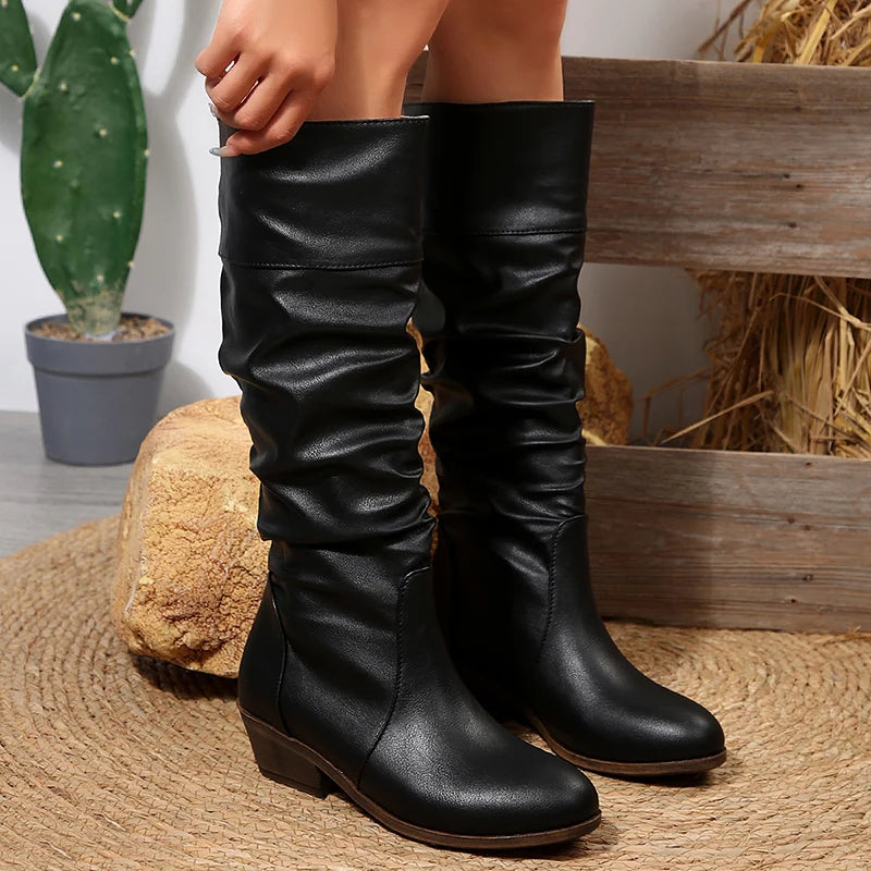 Black Pu Leather Knee-High Boots Women Slip On Med Heel Western Cowboy Boots Woman Autumn Winter Pleated Long Botas Plus Size 43